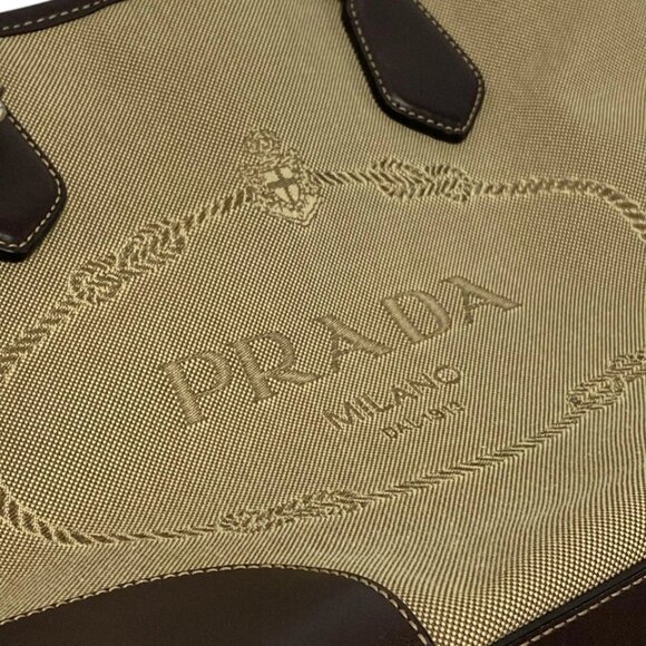 PRADA Logo Jacquard Beige Dark Brown Jacquard Leather Tote Bag 656-042725 - Picture 9 of 14